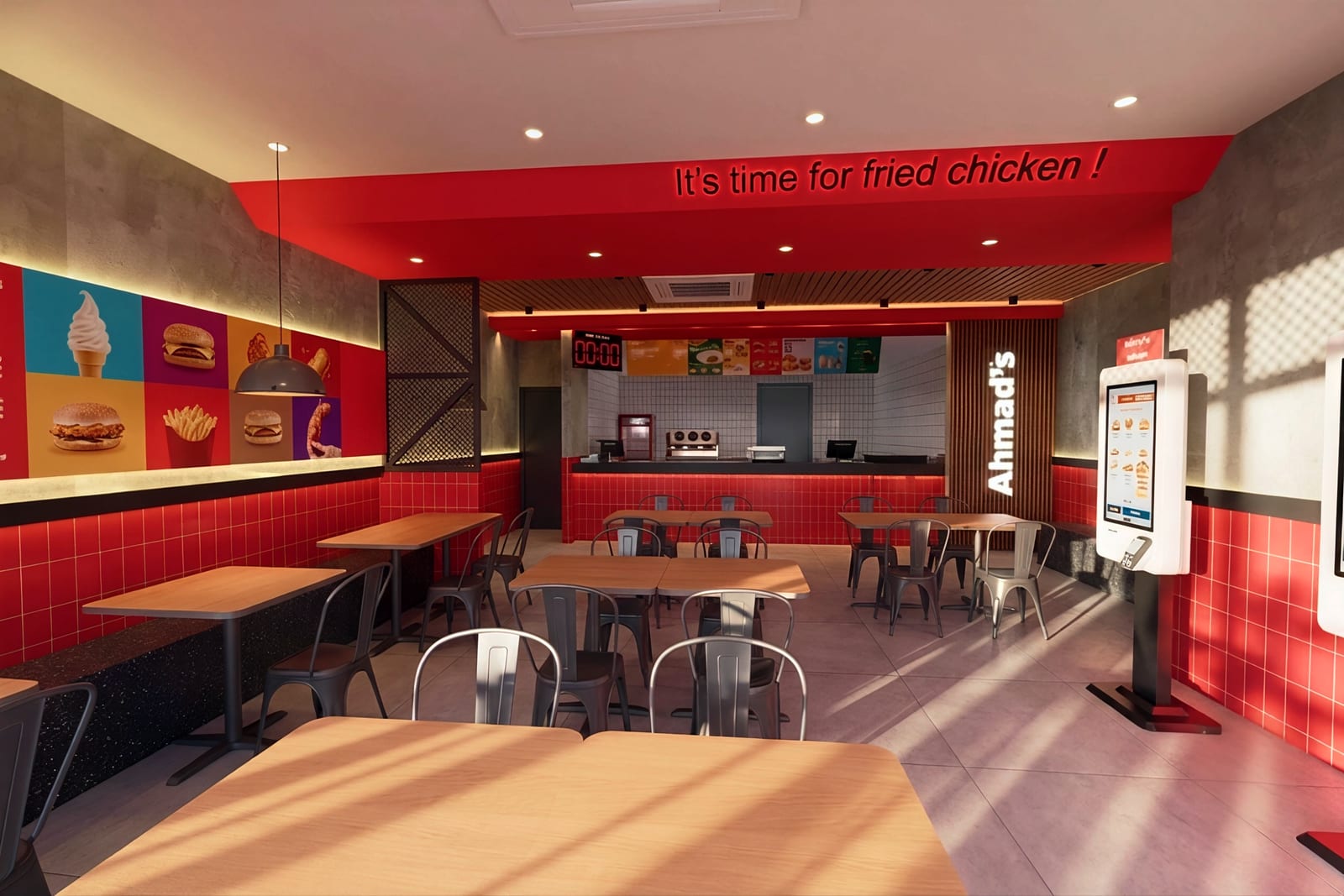 Ruang makan restoran ayam goreng dengan dinding merah dan tempat duduk bangku untuk Ahmads Fried Chicken - Johor — visual reka bentuk