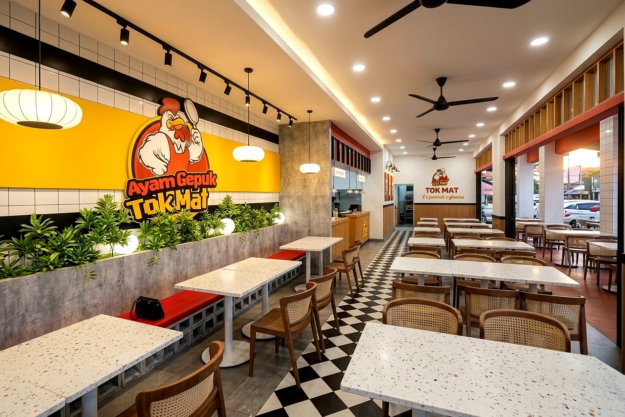 Ruang restoran dengan dinding tumpuan kuning dan lantai bercorak dam untuk Ayam Gepuk Tokmat di Melaka Baru — visual reka bentuk