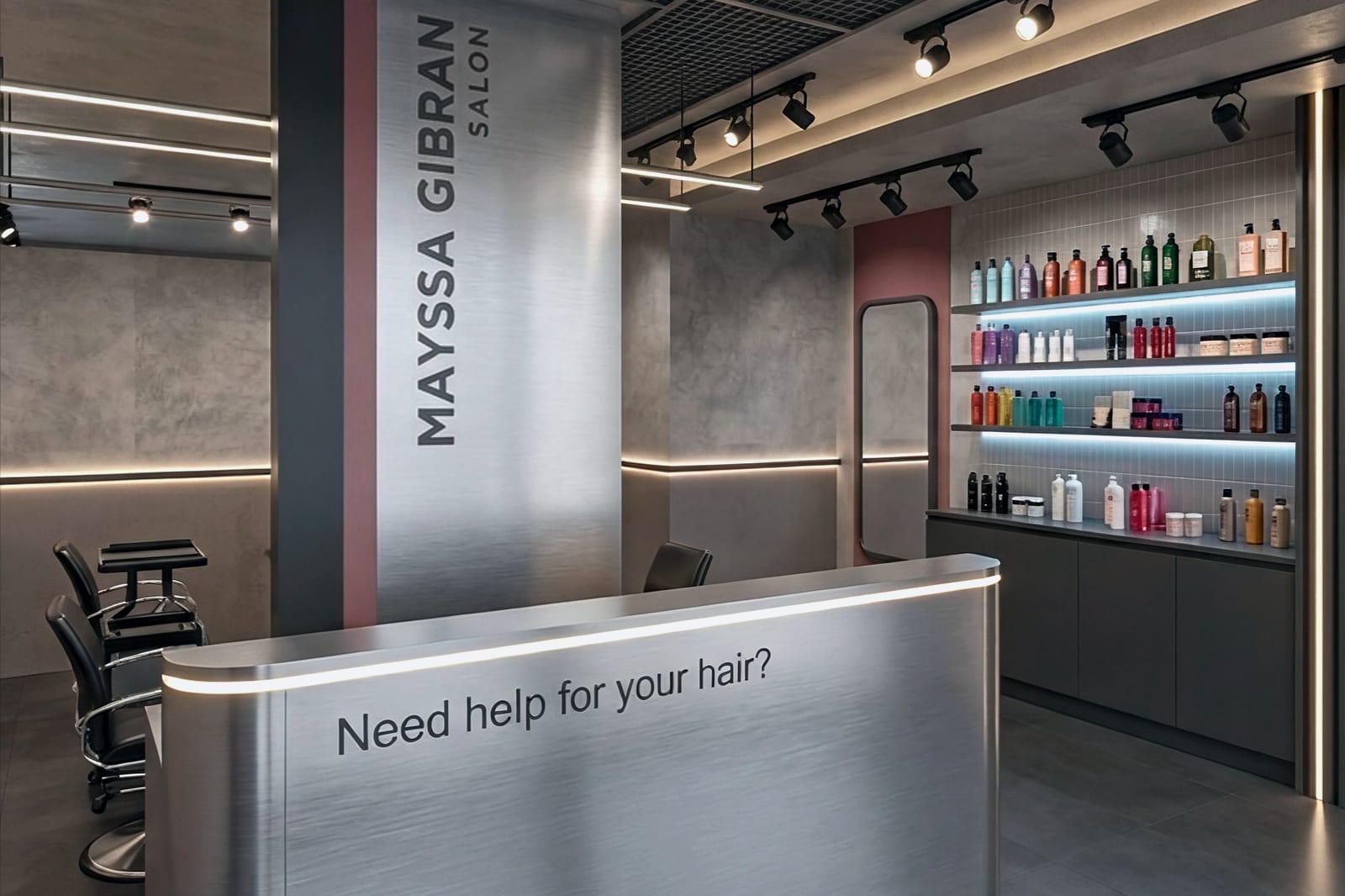 Ruang penerimaan salun dengan dinding pameran produk dan kemasan gelap untuk Mayssa Gibran Salon - Cyberjaya — visual reka bentuk