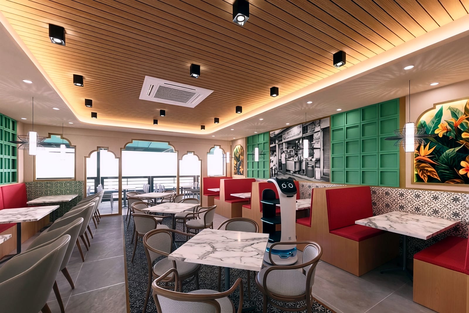 Ruang bistro dengan panel dinding hijau, tempat duduk bangku dan kemasan siling bercorak kayu untuk MyBistro - Keramat — visual reka bentuk