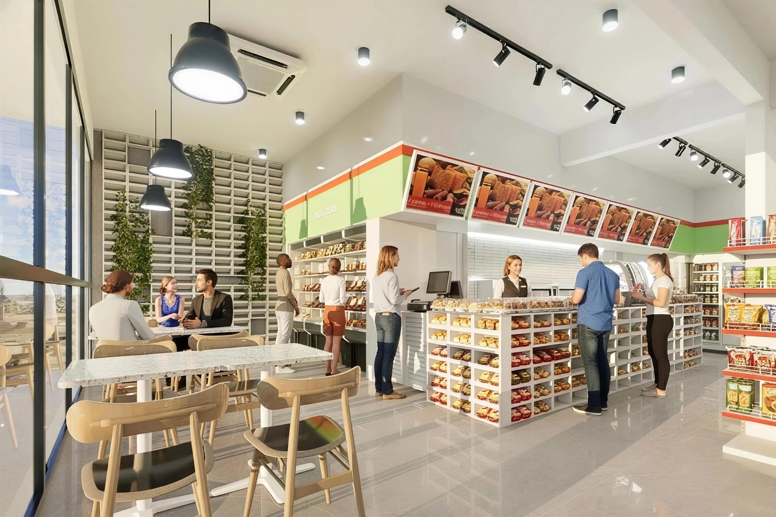 Ruang niaga barangan runcit dengan rak pameran dan tempat duduk untuk Peladang Groceries Mart - Negeri Sembilan — visual reka bentuk