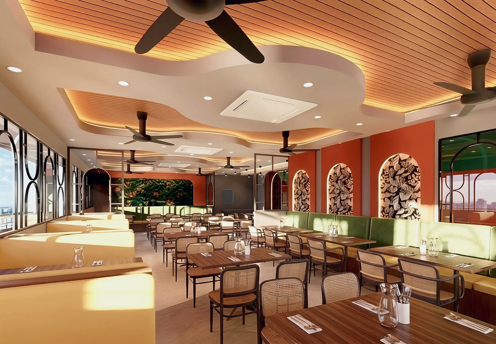 Ruang bistro dengan perabot makan dan panel siling bercorak untuk Q Bistro - Denai Alam — visual reka bentuk