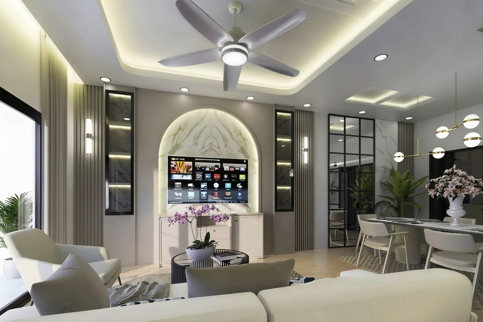 Ruang tamu dengan dinding televisyen berlengkung dan rak berlampu untuk Karim Residence — visual reka bentuk