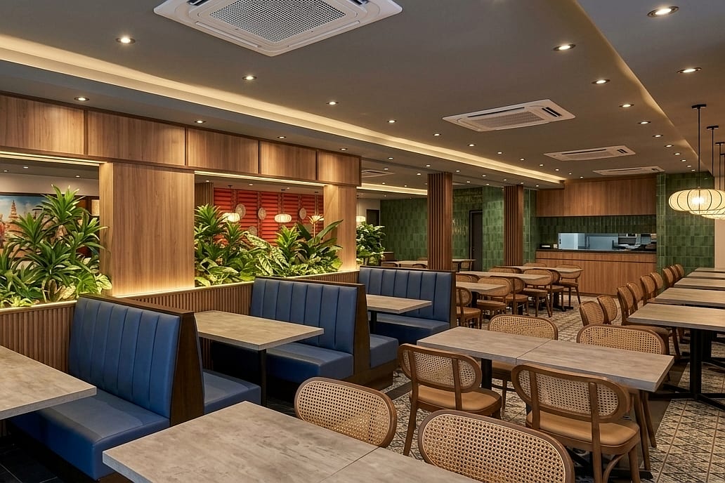 Ruang restoran dengan tempat duduk bangku biru dan kemasan kayu untuk Senja Siam di Bandar Seri Putra — visual reka bentuk