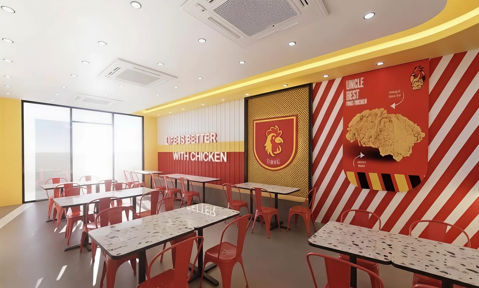Restoran ayam goreng dengan grafik dinding merah dan meja makan untuk Uncle Best Fried Chicken - Nilai — visual reka bentuk