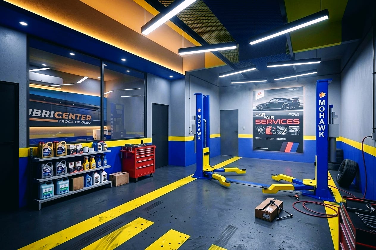 Ruang bengkel automotif dengan peralatan servis biru dan garisan lantai kuning untuk Workshop - Bangi — visual reka bentuk