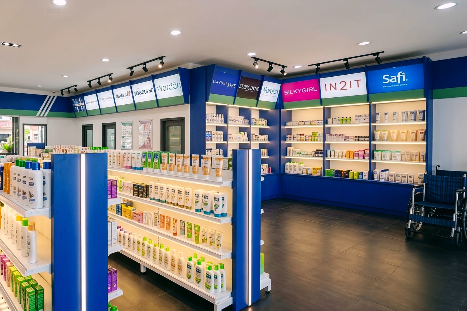 Ruang farmasi dengan rak produk dan kaunter pameran untuk Zetcom Pharmacy - Banting — fotografi projek